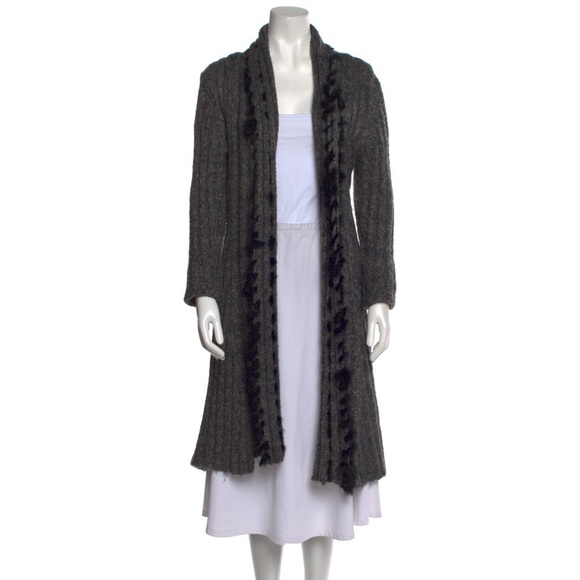 Alberto Makali Gray Knit Rabbit Fur Trim Open Front Duster Sweater Cardigan Sz L - Picture 1 of 9